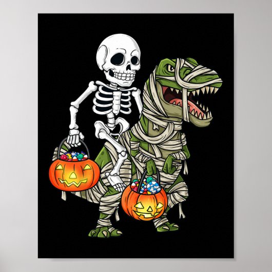 Halloween Skeleton Riding Mummy Dinosaur T Rex Fun Poster (Voorkant)