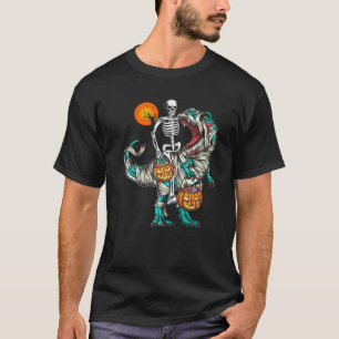 Halloween Skeleton Riding Mummy Dinosaur T Rex Pum T-shirt