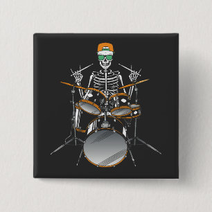 Halloween Skeleton Rock Hand Drums Square Vierkante Button 5,1 Cm
