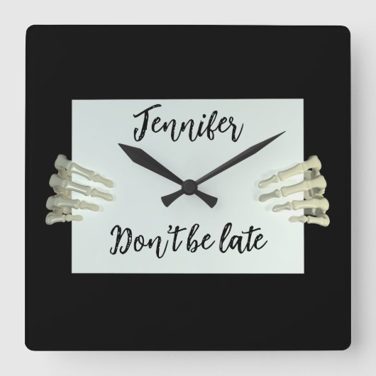 Halloween Skeleton Sign Niet Late Naam Custom Vierkante Klok (Voorkant)