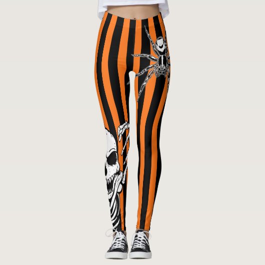 Halloween Skeleton Spider Sinaasappel Black Stripe Leggings (Voorkant)