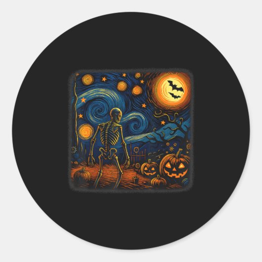 Halloween Skeleton Starry Night Van Gogh Pumpkin M Ronde Sticker (Voorkant)