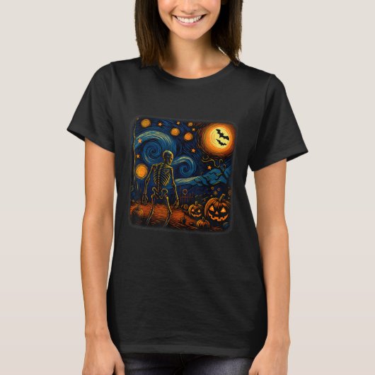 Halloween Skeleton Starry Night Van Gogh Pumpkin M T-shirt (Voorkant)