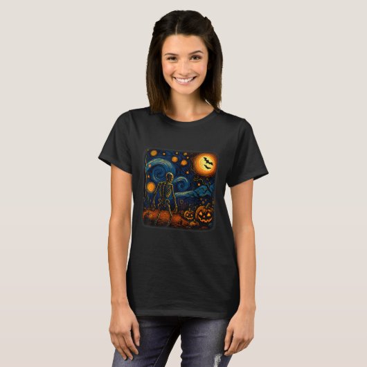 Halloween Skeleton Starry Night Van Gogh Pumpkin M T-shirt (Voorkant volledig)
