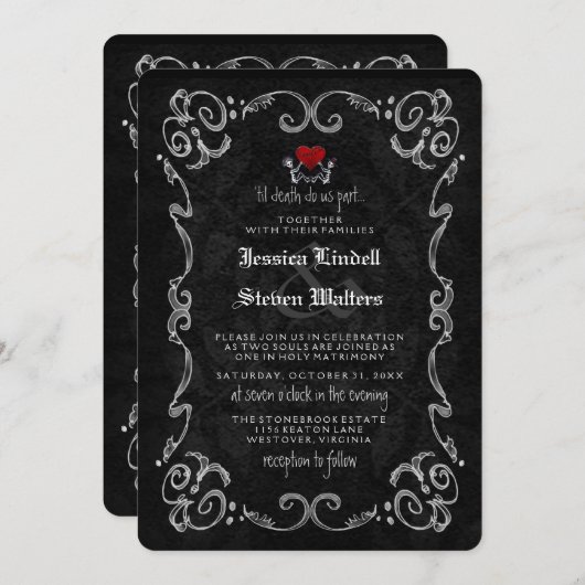 Halloween Skeleton "TIL DEATH" ONTVANGST INFO BACK Kaart (Voorkant / Achterkant)