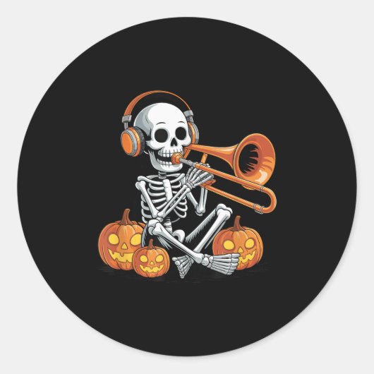 Halloween Skeleton Trombone Trombonist Ronde Sticker (Voorkant)