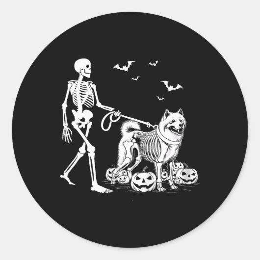Halloween Skeleton Walking Samoyed Dog Ronde Sticker (Voorkant)