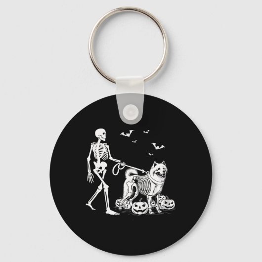 Halloween Skeleton Walking Samoyed Dog Sleutelhanger (Voorkant)