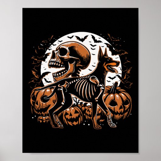 Halloween Skeleton Walking Skelet Doberman Dog Poster (Voorkant)