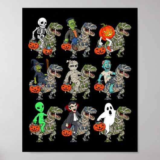 Halloween Skeleton Zombie Riding Mummy T Rex Vampi Poster (Voorkant)