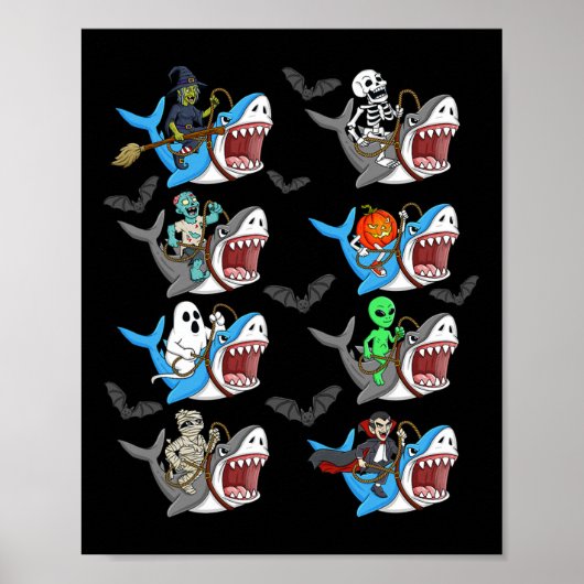 Halloween Skeleton Zombie Riding Shark Mummy Vampi Poster (Voorkant)