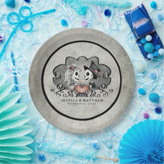 Halloween Skeletons Black & Grey Matching Wedding Papieren Bordje (Feest)