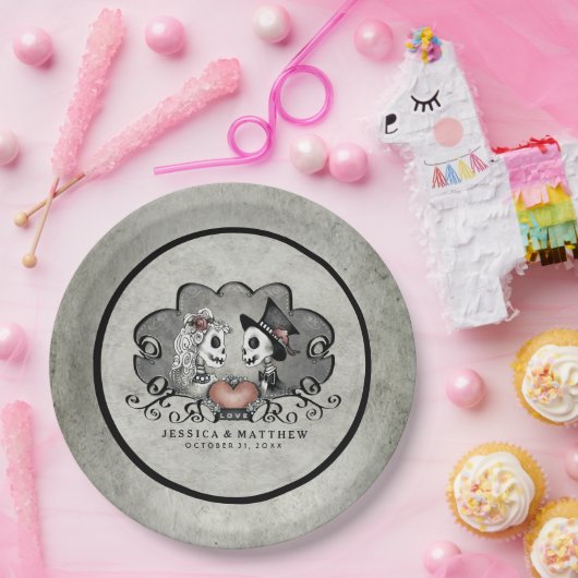 Halloween Skeletons Black & Grey Matching Wedding Papieren Bordje (Feest)