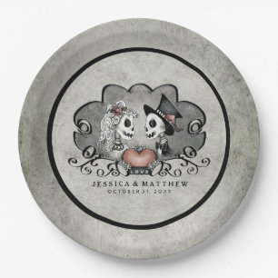 Halloween Skeletons Black & Grey Matching Wedding Papieren Bordje