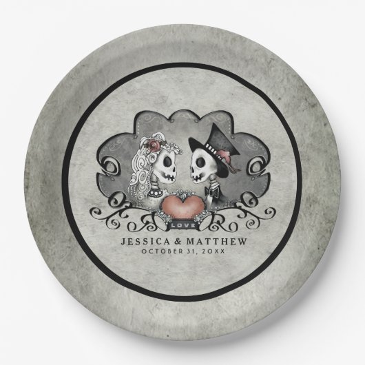 Halloween Skeletons Black & Grey Matching Wedding Papieren Bordje (Voorkant)