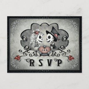 Halloween Skeletons Black Grey & Red Heart RSVP Uitnodiging Briefkaart