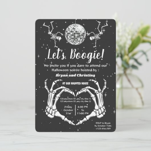 Halloween Skeletons Discobal Let's Boogie Party Kaart (Staand voorkant)