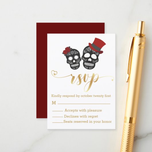 Halloween Skeletons Gold Script RSVP Wedding Informatiekaartje (Voorkant / Achterkant in situ)