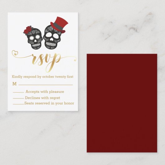 Halloween Skeletons Gold Script RSVP Wedding Informatiekaartje (Voorkant / Achterkant)