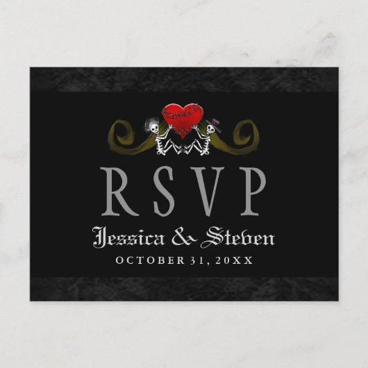 Halloween Skeletons & Heart Matching Wedding RSVP Uitnodiging Briefkaart (Voorkant)