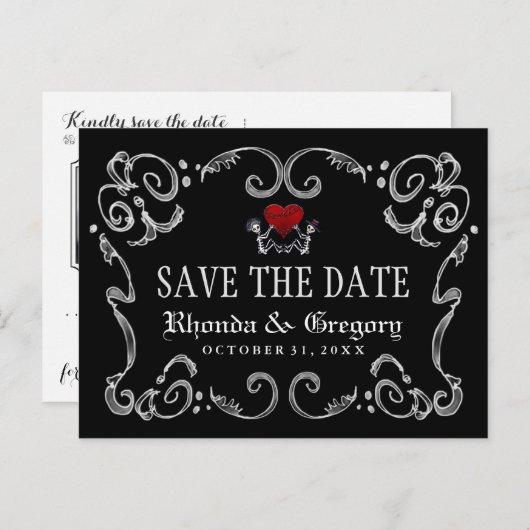 Halloween Skeletons Heart PHOTO Terug Save Date Aankondigingskaart (Voorkant / Achterkant)