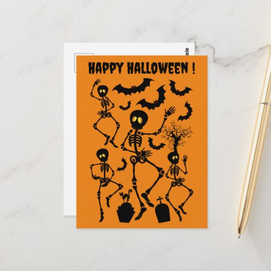 Halloween Skeletons Macabre Dance Briefkaart (Voorkant / Achterkant in situ)