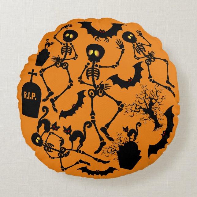 Halloween Skeletons Macabre Dance Rond Kussen (Voorkant)