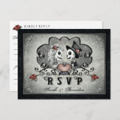 Halloween Skeletons Zwart Grijs & Hart MENU RSVP (Voorkant / Achterkant)