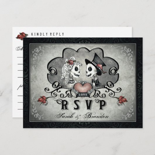 Halloween Skeletons Zwart Grijs & Hart MENU RSVP (Voorkant / Achterkant)