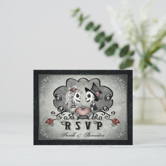 Halloween Skeletons Zwart Grijs & Hart MENU RSVP (Staand voorkant)