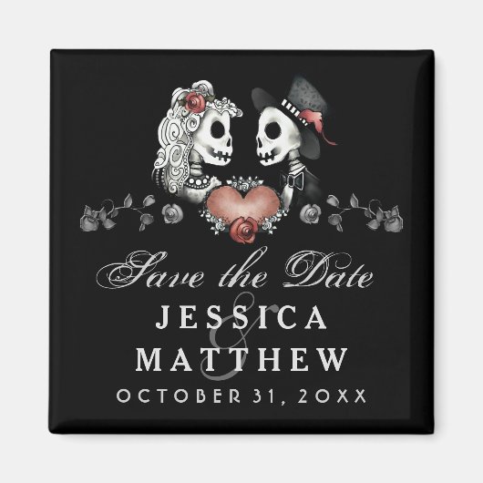 Halloween Skeletons Zwart Hart Save the Date Magneet (Voorkant)