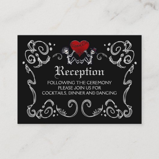 Halloween Skeletten & Heart Black White Reception Informatiekaartje (Voorkant)