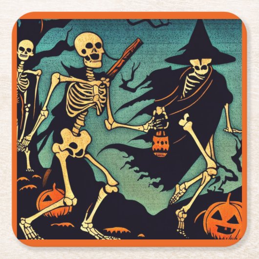 Halloween - skeletten houtsnede 2 kartonnen onderzetters (Voorkant)