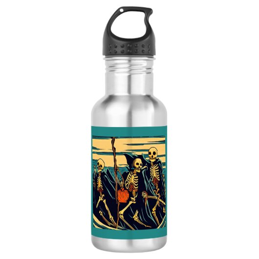 Halloween - skeletten houtsnede 3 waterfles (Voorkant)