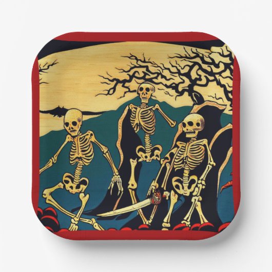 Halloween - Skeletten Houtsnede 4 Papieren Bordje (Voorkant)