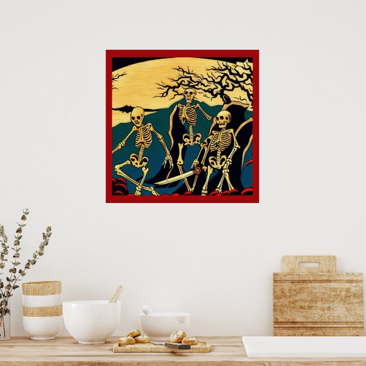 Halloween - Skeletten Houtsnede 4 Poster (Keuken)