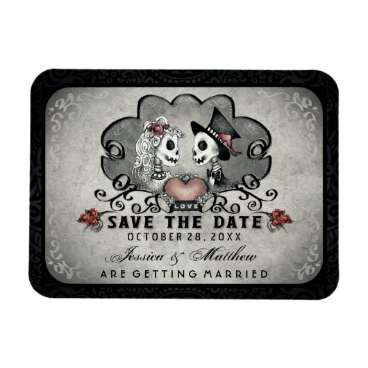 Halloween Skeletten Zwart Grijs & Rood Hart Magneet (Horizontaal)