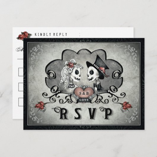 Halloween Skeletten Zwart Grijs & Rood Hart RSVP Uitnodiging Briefkaart (Voorkant / Achterkant)