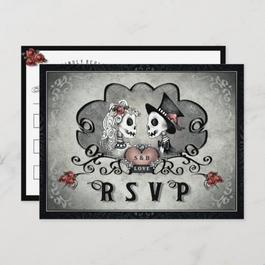 Halloween Skeletten Zwart Grijs & Rood Hart RSVP Uitnodiging Briefkaart (Voorkant / Achterkant)