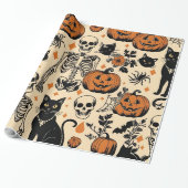  Halloween Skeletten, Zwarte Katten & Pompoenen Cadeaupapier (Uitgerold)