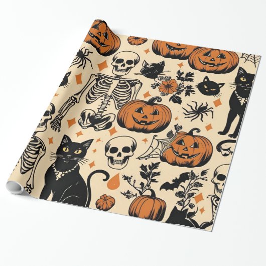  Halloween Skeletten, Zwarte Katten & Pompoenen Cadeaupapier (Uitgerold)