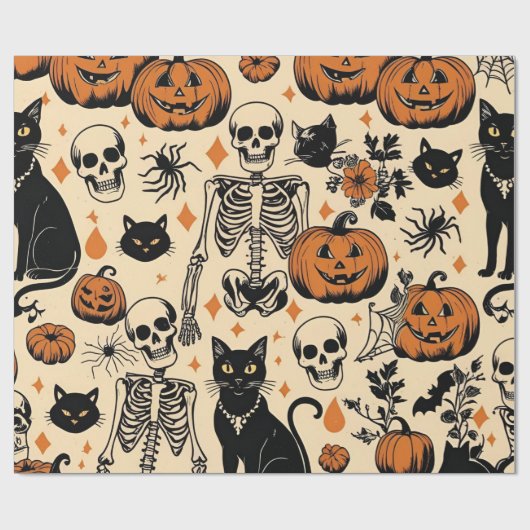  Halloween Skeletten, Zwarte Katten & Pompoenen Cadeaupapier (Vlak)