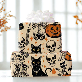 Halloween Skeletten, Zwarte Katten & Pompoenen Cadeaupapier