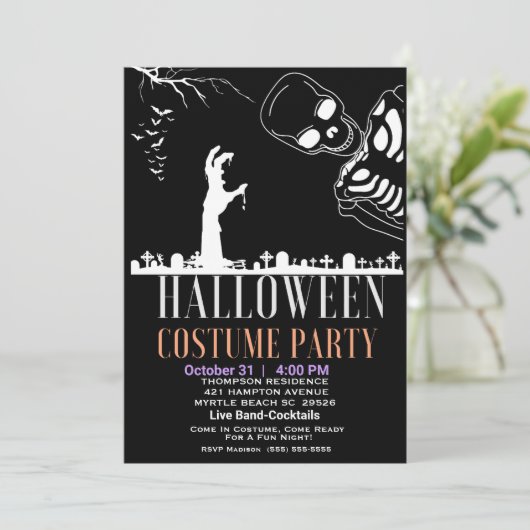 Halloween Skelton Graveyard Kostuum Party Kaart (Staand voorkant)
