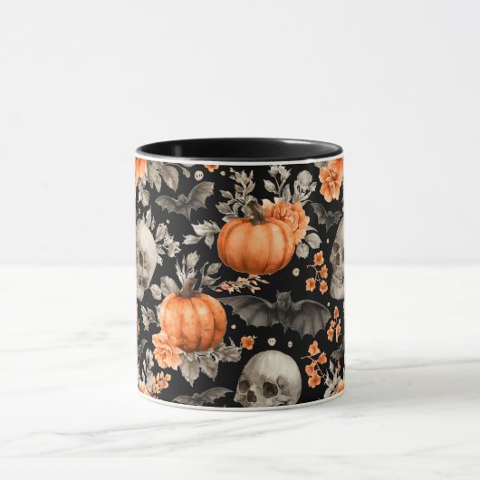 Halloween Skull Bats en Bloemen Zwart Mok (Midden)