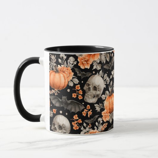Halloween Skull Bats en Bloemen Zwart Mok (Links)