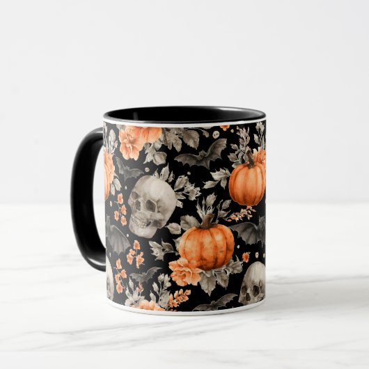 Halloween Skull Bats en Bloemen Zwart Mok (Voorkant links)