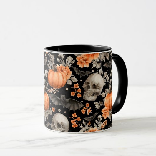 Halloween Skull Bats en Bloemen Zwart Mok (Voorkant rechts)
