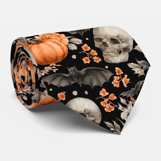 Halloween Skull Bats en Bloemen Zwart Stropdas (Opgerold)