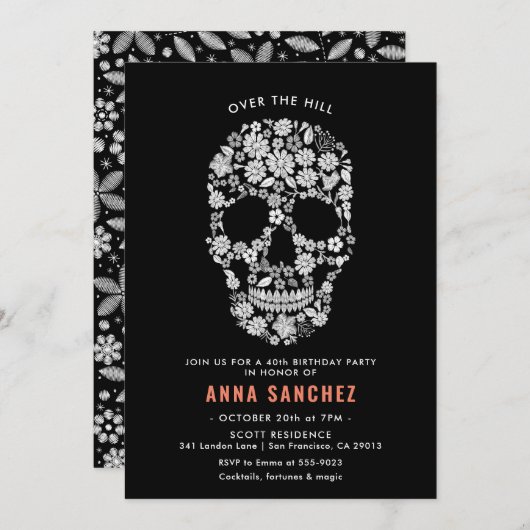 Halloween Skull Black Floral Birthday Invitation Kaart (Voorkant / Achterkant)